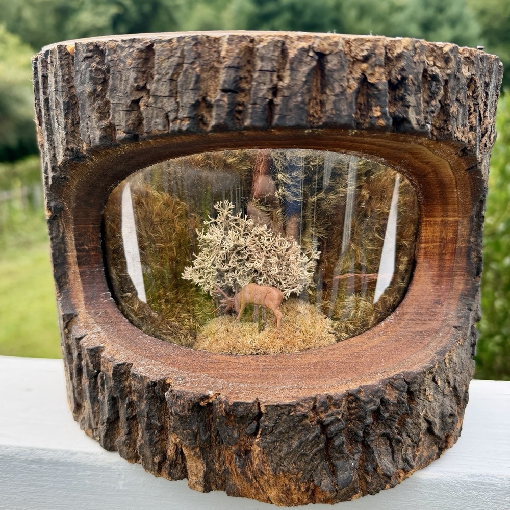 Vtg Hollow Log Woodland Diorama - Rustic Tree Trunk Deer Moss Miniature Scene